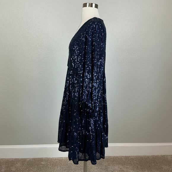 Eliza J Sequined Long Sleeve A-Line V-Neck Mini Cocktail Dress Navy Blue Size 8 - Picture 5 of 13